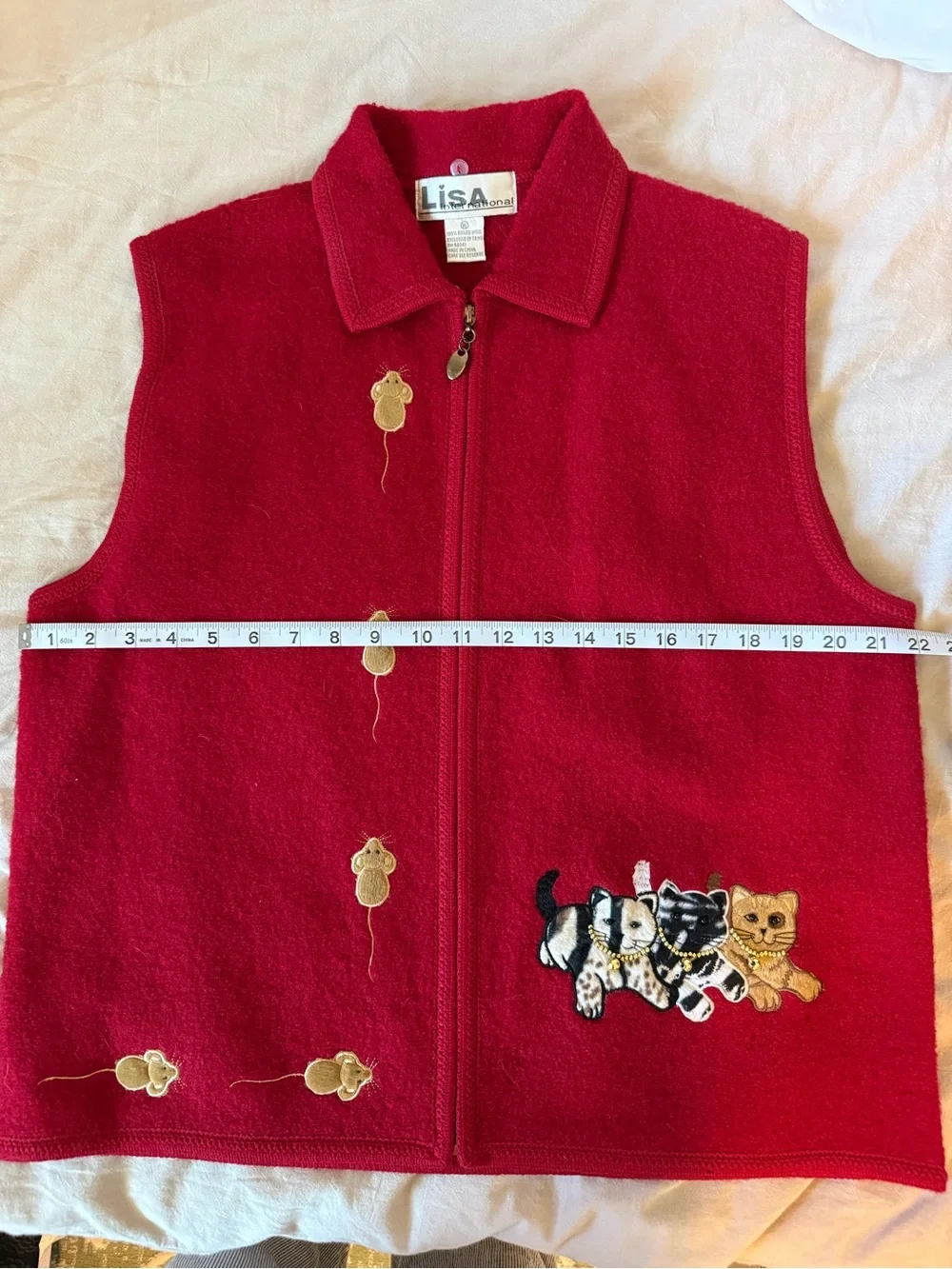 Lisa international Red Embroidered Cat Zip-Front Pet Vest